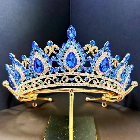 Gold Crown Crystal Tiara, Princess Crown, Gold Wedding Tiara, Wedding Blue Crown - Picture 1 of 7
